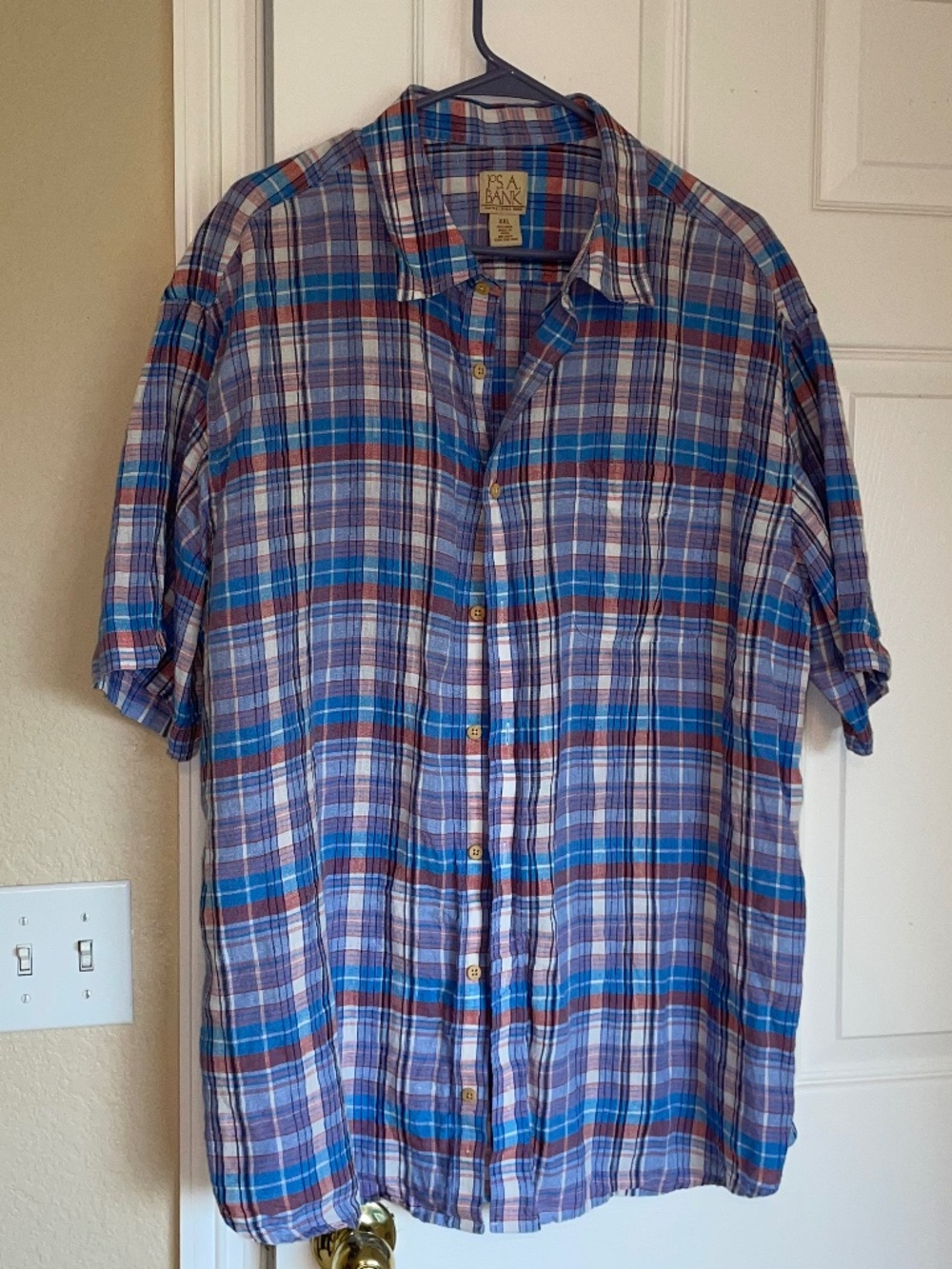 Jos. A. Bank 100% Linen Short Sleeve Plaid Shirt - XXL - Blue/Coral/White